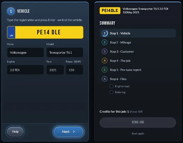 The agent portal, New job: step 1, the registration, with the summary card beside it