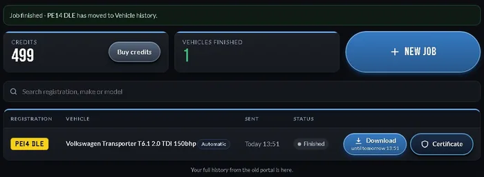 The agent portal: Vehicle history, a finished Volkswagen Transporter with its certificate