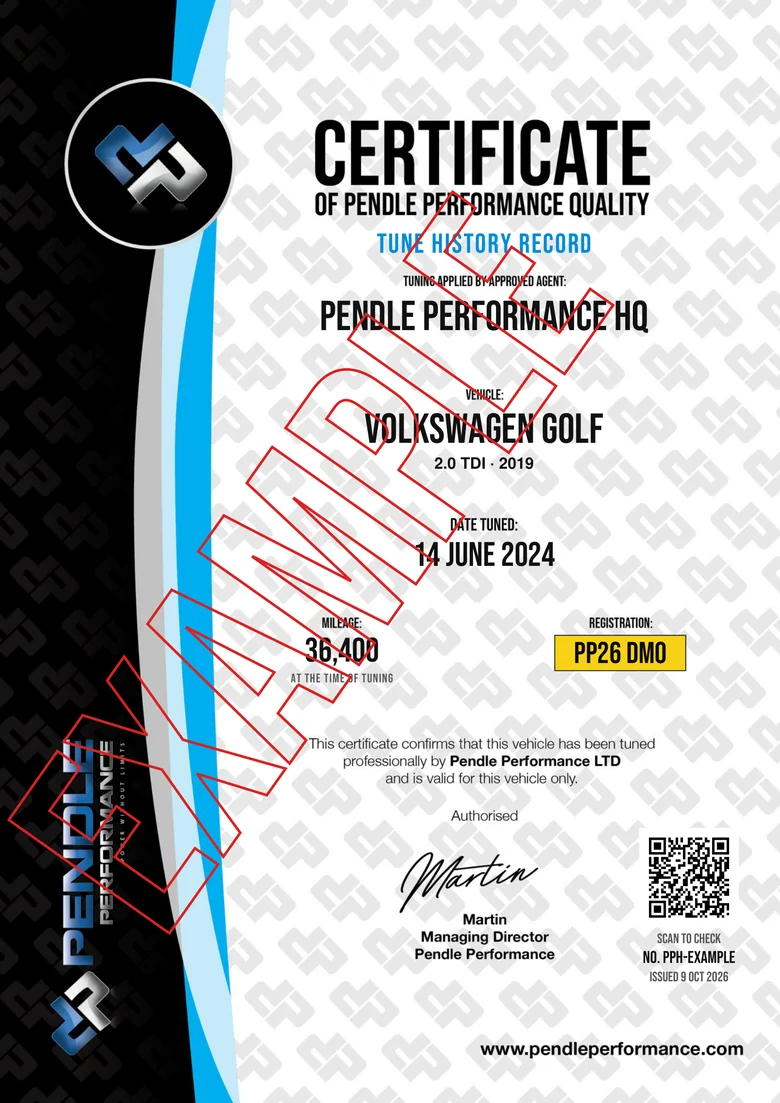 Example Certificate of Quality &ndash; Tune History Record for a made-up Volkswagen Golf 2.0 TDI, tuned 14 June 2024 at 36,400 miles, with its number and scan-to-check code