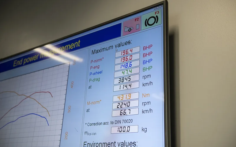 A Maha power graph on the wall screen in the dyno cell at Pendle HQ