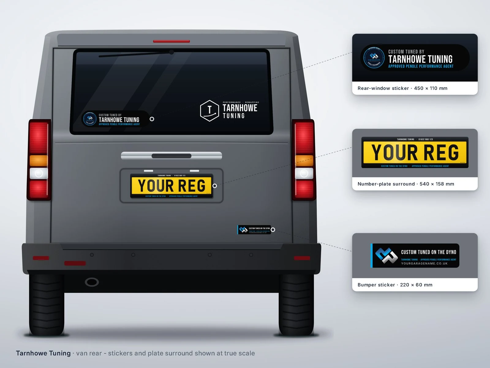 Van rear-window sticker and plate surround - demonstration design
